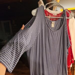 Terra & Sky Blue Striped Cold Shoulder Blouse